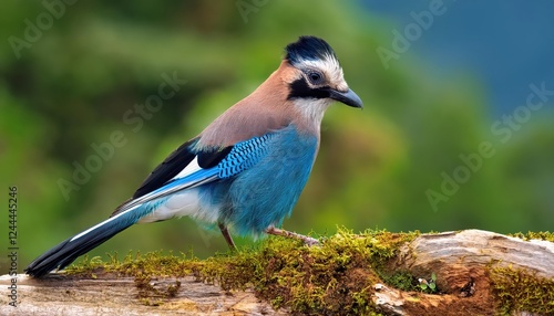 Striking Closeup of a BlackHeaded Jay or Lanceolated Jay Perched against a Backdrop of Green Foothills in the Himalayas at Dusk, Showcasing the Birds Intricate Plumage and Vibrant Eyes. photo