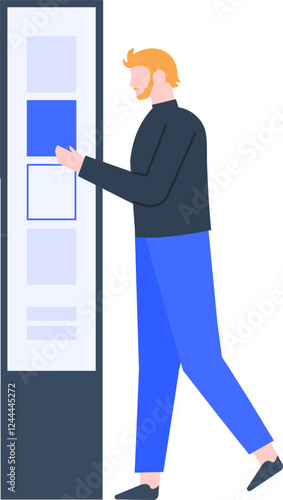 Interactive kiosk with touchscreen interface being used by a man selecting an option, concept of digital interaction, self service technology, modern user experience