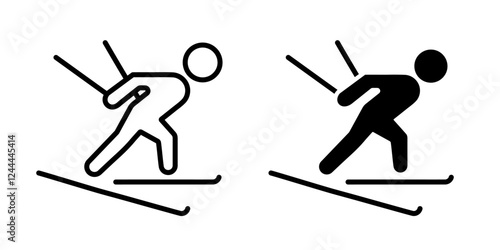 Ski man jump icon. Jumping skier athlete stick figure silhouette vector illustration. Skiing sports competition symbol. Fast speed ski person sliding downhill sign. Ski man posture or pose pictogram.