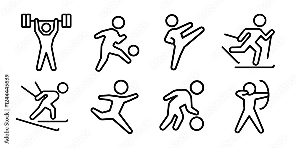 Obraz premium Sport activity stick figure icon set. Sports man body training vector illustration collection. Athlete person in different poses. Olympic games competition. Gym, soccer, martial arts or ski concept.