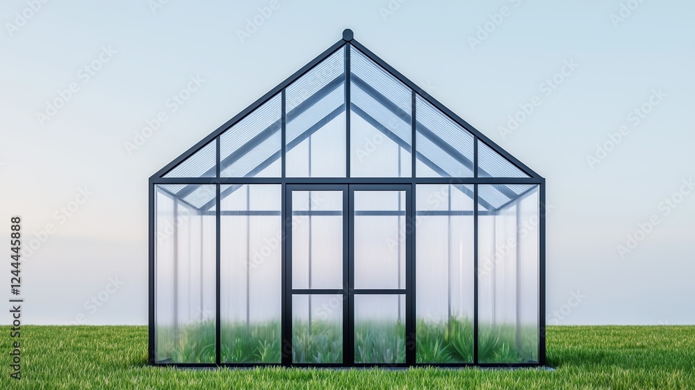 A modern glass greenhouse sits on green grass under a clear sky, showcasing a structure designed for plant cultivation and protection. A modern glass greenhouse sits on green grass under a clear sky, showcasing a structure designed for plant cultivation and protection.