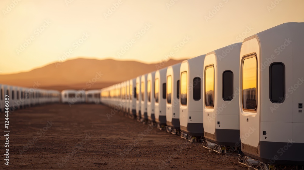 Obraz premium A row of white train cars is illuminated by a warm sunset, set against a backdrop of mountains, creating a serene and expansive desert landscape.
