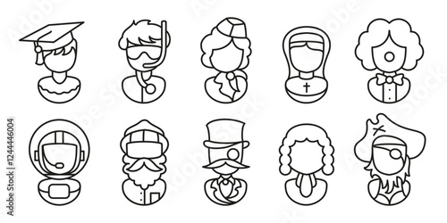 Profession and occupation characters icon set. Graduate student, diver, hostess and attendant uniform. Astronaut, christian nun, comedian clown and pirate captain costume. Gentleman and judge job.