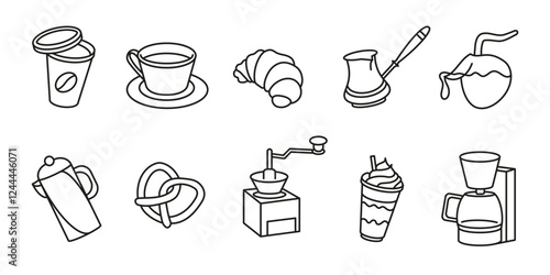Coffee shop outline icon set. Cafe menu line vector illustration collection. Cafeteria barista equipment symbol. Linear coffee relative signs. Coffee cup, croissant, grinder, espresso pictogram.