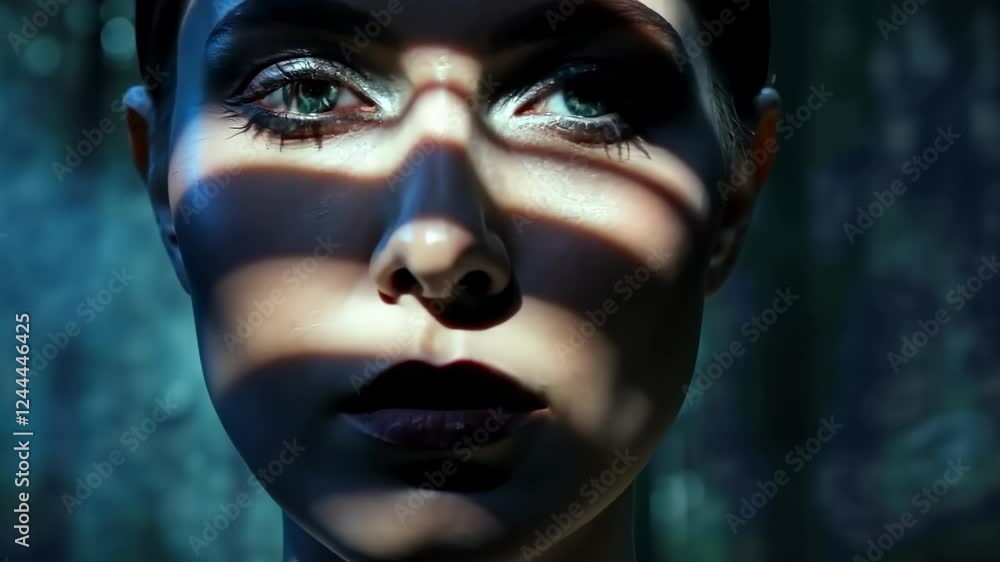 Mysterious woman in forest with dramatic light and shadows creating enigmatic atmosphere Mysterious woman in forest with dramatic light and shadows creating enigmatic atmosphere
