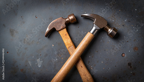 Vintage-style hammer and wrench crossed on distressed surface, craftsmanship photo