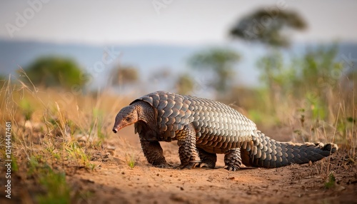 A Majestic CloseUp of a BlackBellied Pangolin Basking in the Central African Sunset, Showcasing its Distinctive Patterns and Earthy Tones amidst Lush Greenery photo