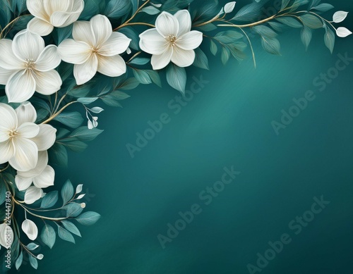 white flowers corner border on teal background perfect for wedding invitation or greeting card design