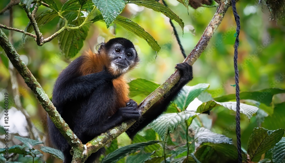 Fototapeta premium Vibrant Blackhanded Spider Monkey Amidst the Lush Osa Peninsula Rainforest Canopy A Captivating Portrayal of Central American Wildlife in its Natural Habitat
