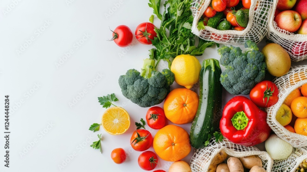 Supermarket reusable eco net bags full of healthy fruits and vegetables on top of the white background Supermarket reusable eco net bags full of healthy fruits and vegetables on top of the white background
