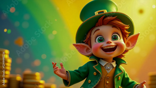 AI-generated image of a 3D animation-style leprechaun celebrating St. Patrick's Day with a rainbow and pot of gold