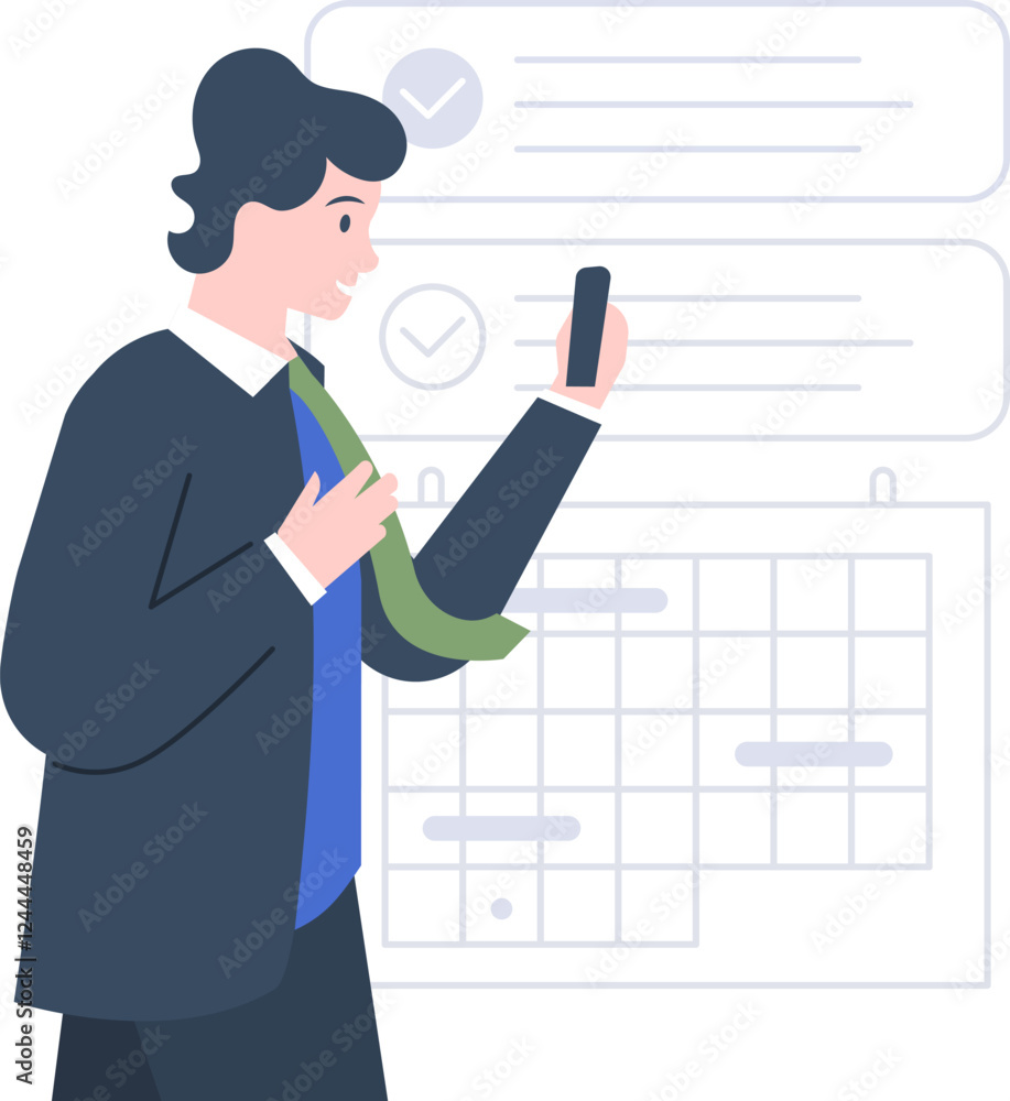 Businessman is using a smartphone, managing his schedule with a calendar and checklist, ensuring efficient time management and task completion Businessman is using a smartphone, managing his schedule with a calendar and checklist, ensuring efficient time management and task completion