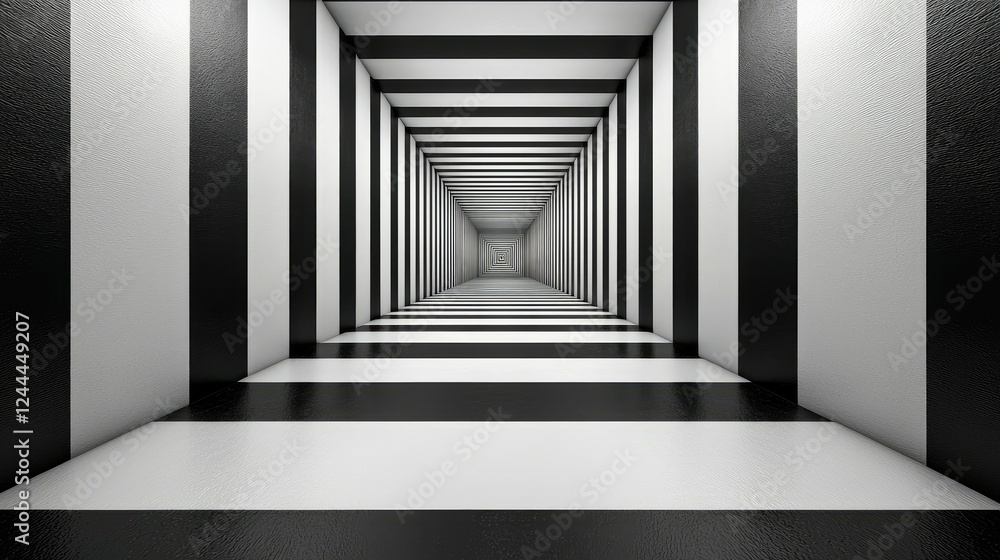 Obraz premium Black and white striped tunnel leading to vanishing point