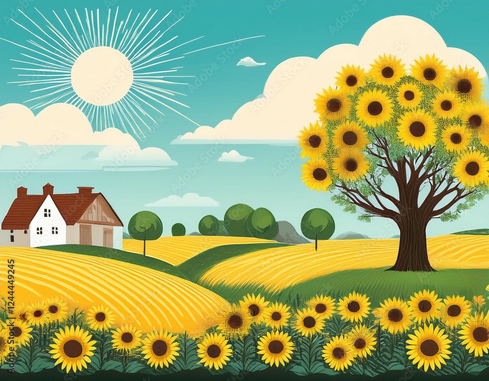Fototapeta premium village scene with blooming sunflowers and tree countryside rural