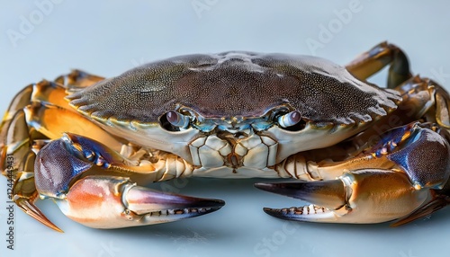 Striking CloseUp of Blue Crab Callinectes sapidus Against Texas Coastline at Galveston Vivid Sea Creature Showcased in Texass Picturesque Scenery photo