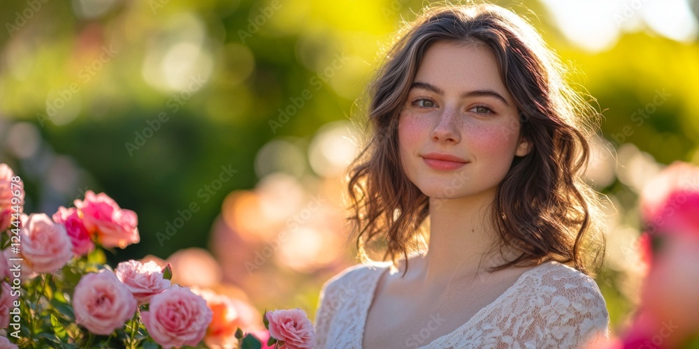 Fototapeta premium A young woman stands gracefully among blooming roses. Soft sunlight enhances her natural beauty. This portrait captures a serene moment in a garden setting. Ideal for romantic themes. AI