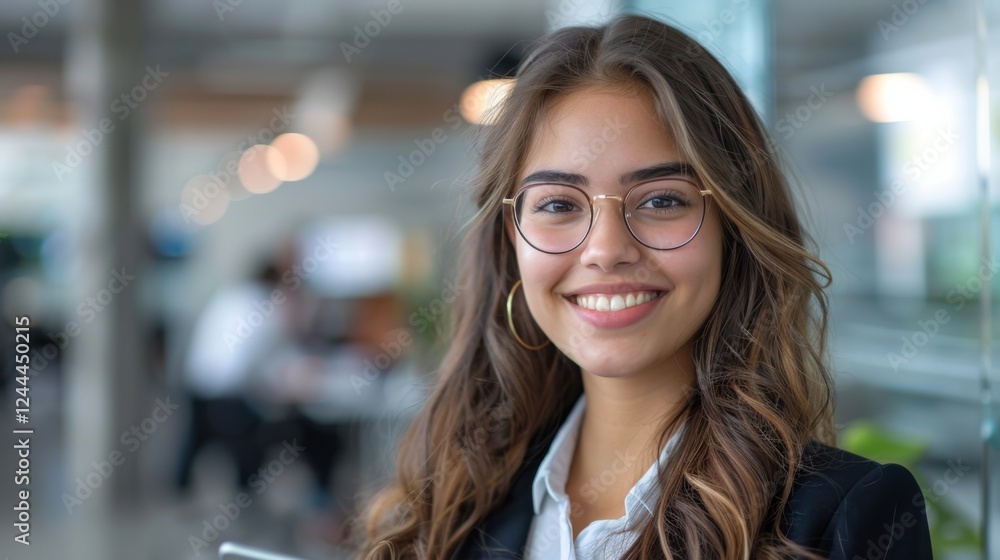 Obraz premium Businesswoman in formal wear, Hispanic, happily using her smartphone at her workstation