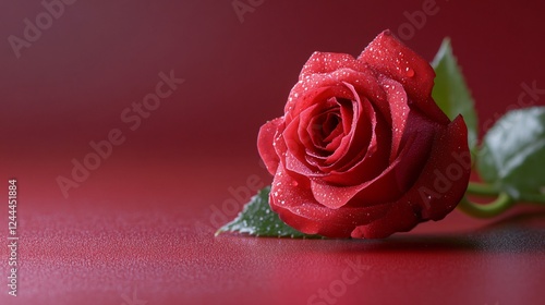 A stunning red rose adorned with delicate raindrops captures the essence of love and passion, vividly contrasted against a soft, deep red background. photo