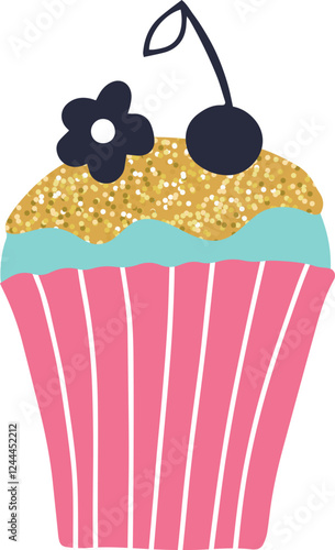 Light blue frosted cupcake decorated with gold glitter, a black cherry, and a simple black flower sits in a pink striped wrapper, ready for a party or birthday celebration