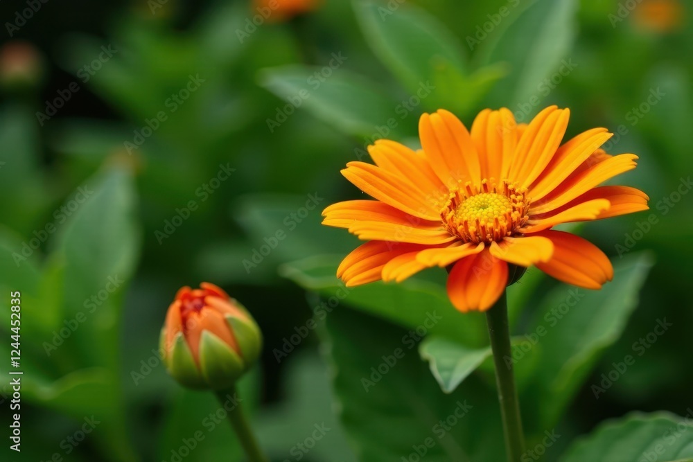 Orange gerbera in a garden with lush greenery, plants, tree, greenery Orange gerbera in a garden with lush greenery, plants, tree, greenery