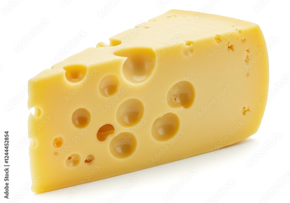 A wedge of yellow Swiss cheese with characteristic large holes placed on a plain white background A wedge of yellow Swiss cheese with characteristic large holes placed on a plain white background