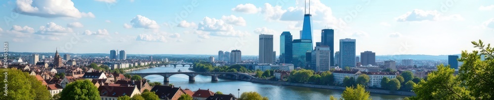 Naklejka premium Frankfurt cityscape, iconic skyscrapers, clear day, horizon, highrise