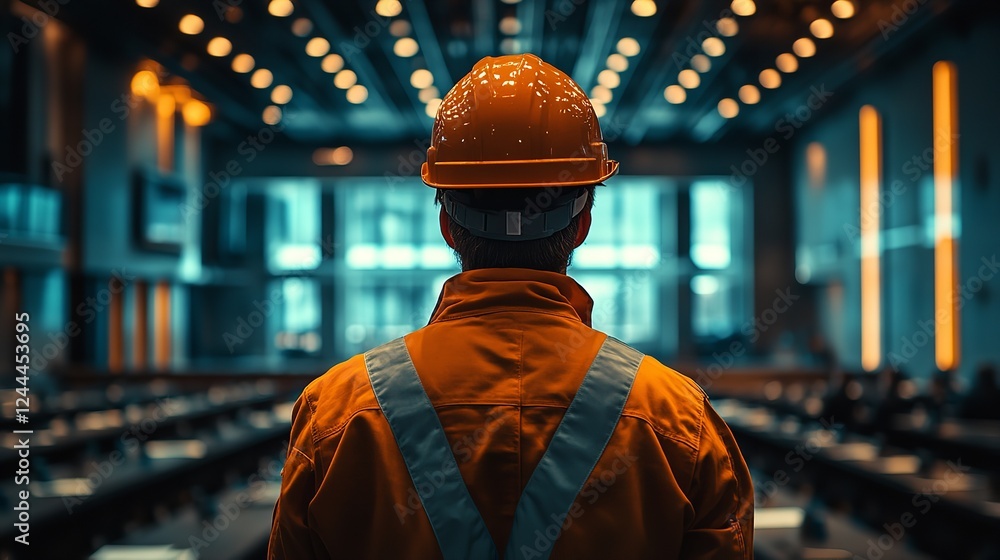Back View of an Engineer in Safety Gear Leading a Training Session in a Conference Room Back View of an Engineer in Safety Gear Leading a Training Session in a Conference Room
