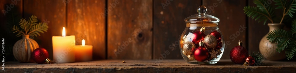 Ornament filled glass apothecary jar on a wooden shelf with warm candlelight, candles, cozy ambiance, vintage charm Ornament filled glass apothecary jar on a wooden shelf with warm candlelight, candles, cozy ambiance, vintage charm