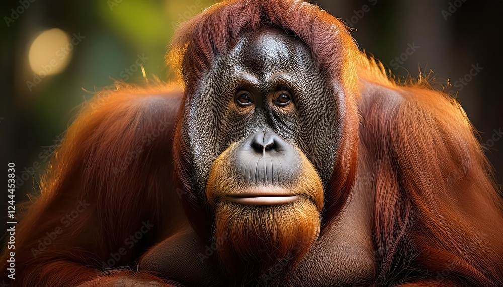 Striking Bornean Orangutan Basking in the Warmth of a Sunlit Tropical Jungle Dawn, Showcasing Vibrant Colors and Textures, Amidst a Canopy of Leaves and Lush Foliage. Striking Bornean Orangutan Basking in the Warmth of a Sunlit Tropical Jungle Dawn, Showcasing Vibrant Colors and Textures, Amidst a Canopy of Leaves and Lush Foliage.
