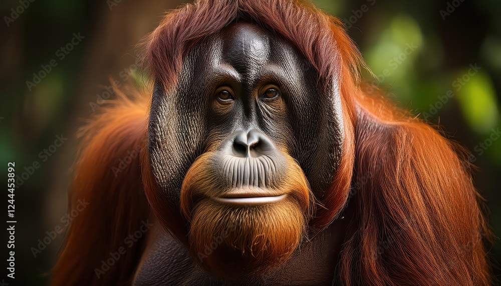 Majestic Bornean Orangutan Amidst the Emerald Vines of a Tropical Rainforest, Showcasing the Wild Beauty and Grace of these Endangered Primates in their Natural Habitat. Majestic Bornean Orangutan Amidst the Emerald Vines of a Tropical Rainforest, Showcasing the Wild Beauty and Grace of these Endangered Primates in their Natural Habitat.