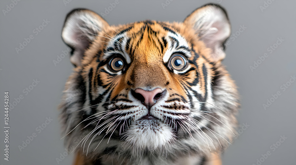 Fototapeta premium Curious tiger cub portrait, grey background, wildlife conservation