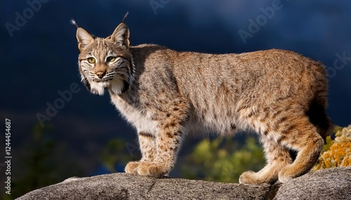 Majestic Bobcat Lynx rufus Poised on a Rocky Outcrop at Sunset, Showcasing the Wild Beauty of North Americas Forested Landscapes photo