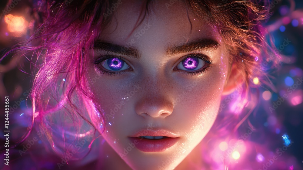 A close-up portrait of a girl with vibrant purple eyes and colorful, glowing elements. A close-up portrait of a girl with vibrant purple eyes and colorful, glowing elements.