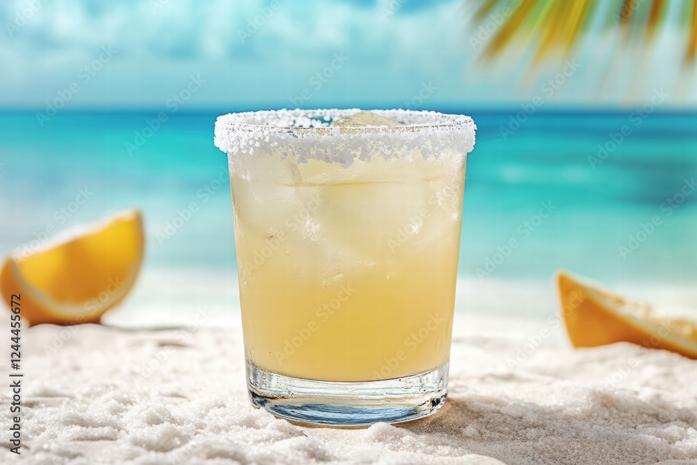 Refreshing margarita cocktail with salt rim on sunny beach background Refreshing margarita cocktail with salt rim on sunny beach background