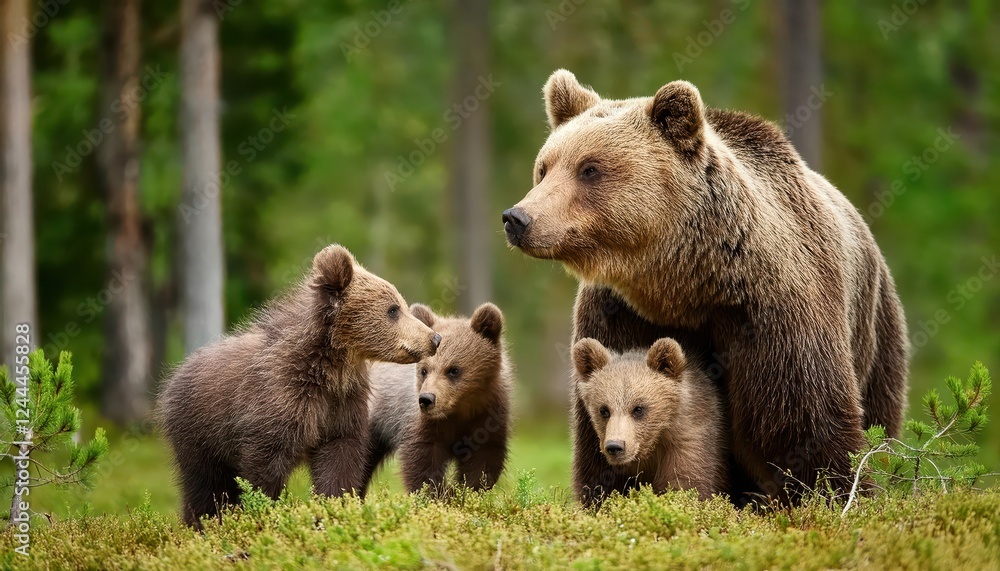 Vibrant Green Forest Alive with the Warmth of a Mother Brown Bear and Her Cubs, Capturing the Harmony of Nature in Early Morning Light. Vibrant Green Forest Alive with the Warmth of a Mother Brown Bear and Her Cubs, Capturing the Harmony of Nature in Early Morning Light.