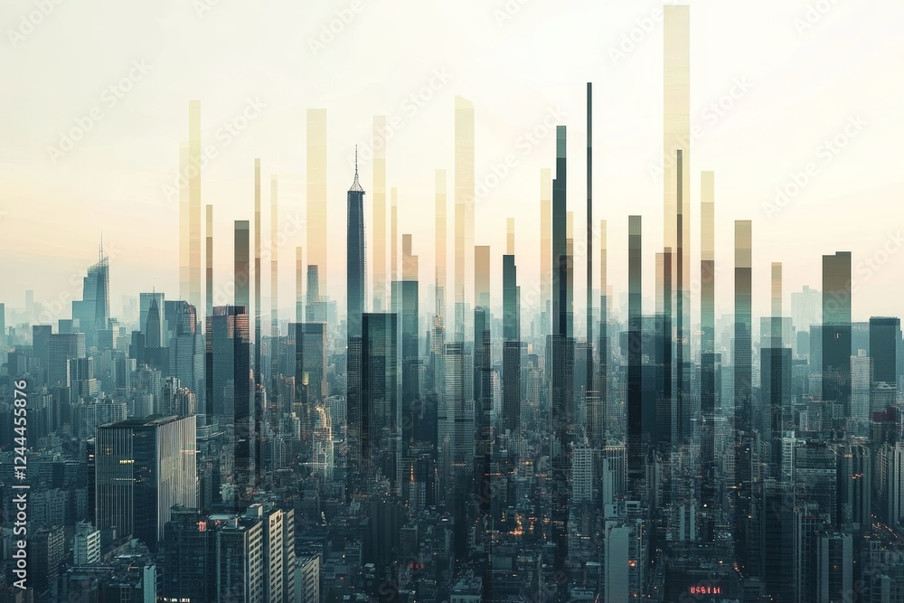 Fototapeta premium Futuristic city skyline with abstract geometric overlays at dusk