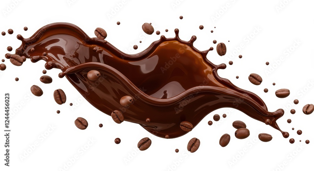 A splash of rich dark coffee with detailed reflections and textures surrounded by scattered roasted coffee beans isolated on a white background A splash of rich dark coffee with detailed reflections and textures surrounded by scattered roasted coffee beans isolated on a white background