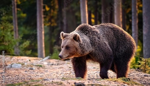 Fototapeta Naklejka Na Ścianę i Meble -  Majestic Brown Bear Strolling through the Frosty Carpathian Landscape in Polands Bieszczady Mountains, Winter Wonderland Captured in a Snowy Moment.