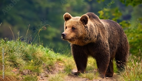 Fototapeta Naklejka Na Ścianę i Meble -  Majestic Brown Bear in the Heart of the Carpathian Mountains, Captured against a Snowy Winter Backdrop in Bieszczady, Poland