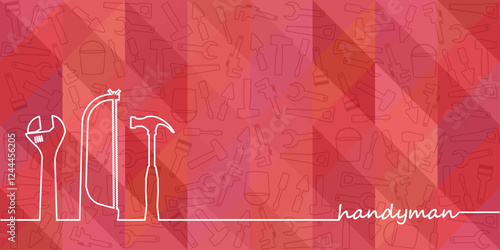 Professional handyman services. Vector banner template with hacksaw, claw hammer, wrench white silhouette on polygonal Viva Magenta background .  Repair tools for your web site design, app, UI. EPS10.