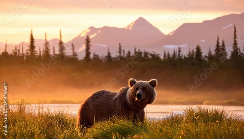 Enchanting Dawn over a Majestic Brown Bear in Katmai National Parks Alaskan Wilderness Witnessing the Beauty and Power of Nature at First Light photo