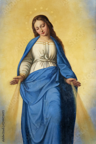 Painting (19th century) of The Virgin of the Miraculous Medal with rays of light symbolizing the graces that emanate from her hands.