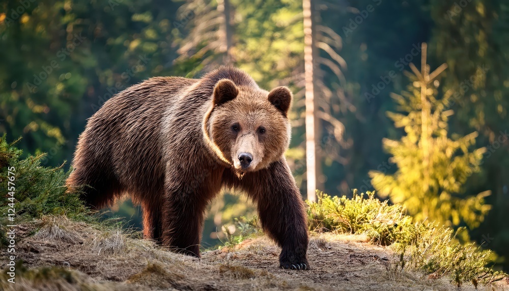 Majestic Brown Bear in the Enchanting Carpathian Forest of Romania at Twilight, Showcasing a Majestic Mammal Amidst Lush Greenery and Rich Autumn Colors Majestic Brown Bear in the Enchanting Carpathian Forest of Romania at Twilight, Showcasing a Majestic Mammal Amidst Lush Greenery and Rich Autumn Colors