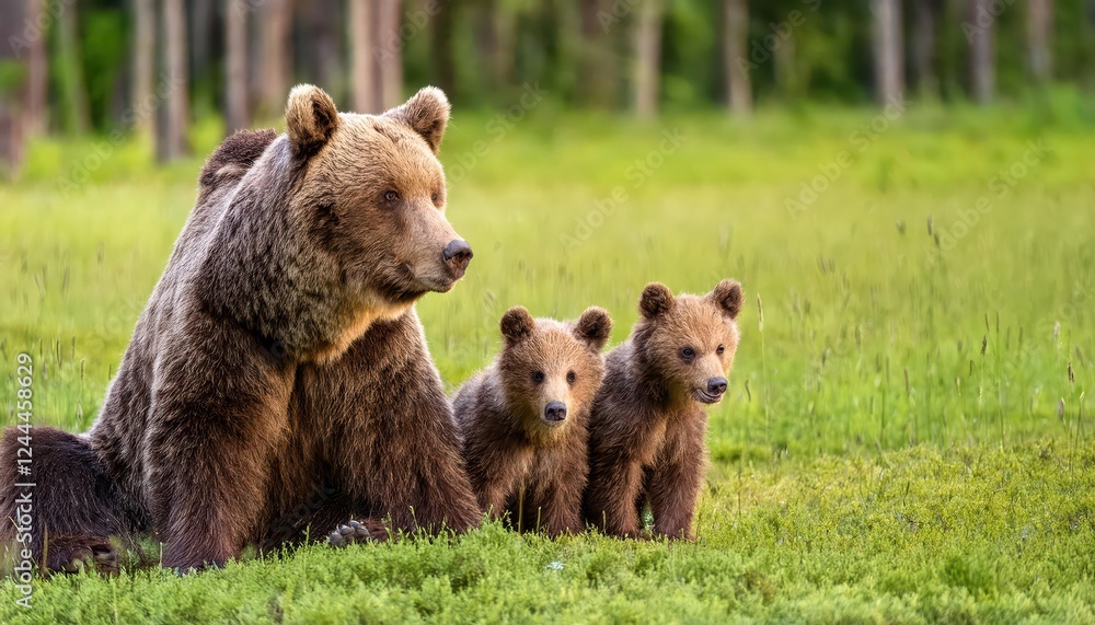 Fototapeta premium Wild Encounter A Glimpse of a Mother Brown Bear and Cubs Frolicking in the Lush, Verdant Meadow, Against a Backdrop of the Crisp Winter Landscape