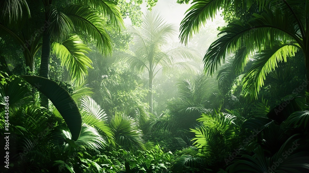 Naklejka premium Dense tropical jungle with lush palm trees and vibrant greenery.