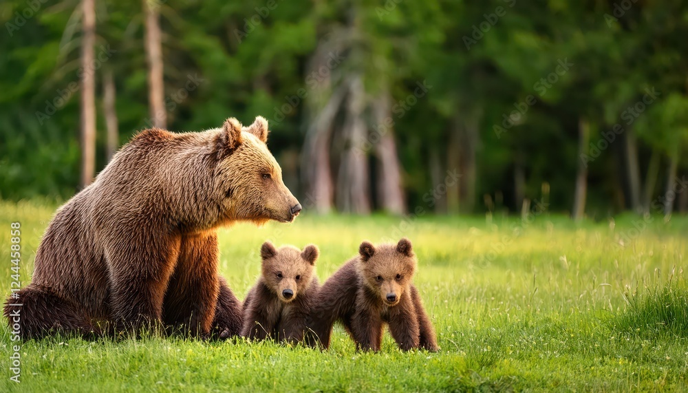 Striking Portrait of a Brown Bear Family Frolicking in a Lush Green Meadow, the Majestic Wilderness of Alaska Brought to Life with Rich Textures and Warmth. Striking Portrait of a Brown Bear Family Frolicking in a Lush Green Meadow, the Majestic Wilderness of Alaska Brought to Life with Rich Textures and Warmth.