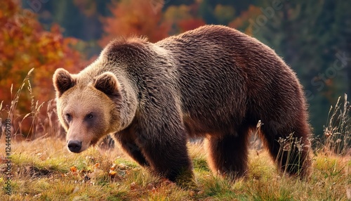 Fototapeta Naklejka Na Ścianę i Meble -  Majestic Brown Bear in Bieszczady Mountains Striking Ursus arctos Amidst Wintery Carpathians, Poland