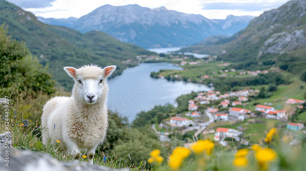 Fototapeta premium Lamb gazing at lake & village in mountains