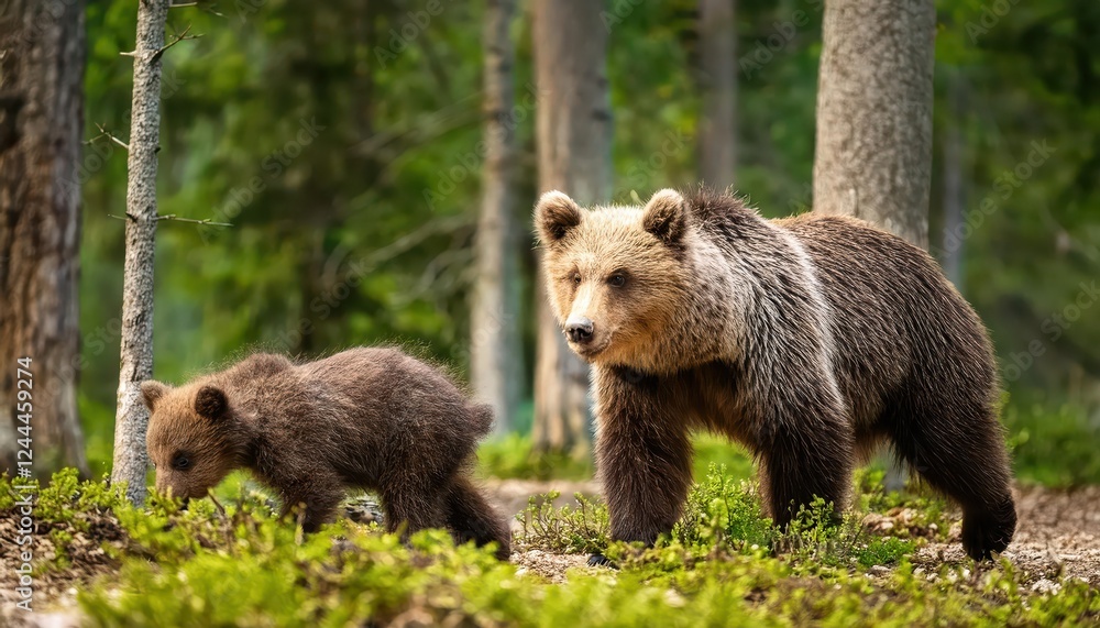 Naklejka premium Majestic Brown Bear Roaming Through a Dense Slovenian Forest, Capturing the Essence of European Wildlife in Action Against a Backdrop of Autumn Colors.
