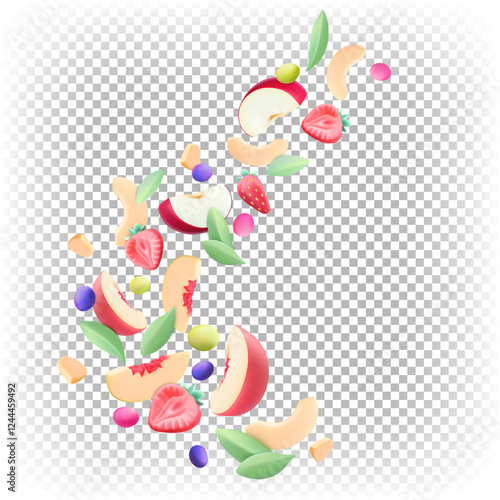 Flying fruit salad. Stylized cartoon healthy food. Vector 3D illustration